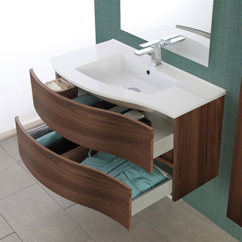 Mobile Bagno Sospeso Curvo Noce Con Lavabo E Specchio Cm Minori