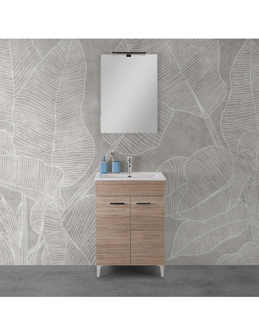 Mobile Bagno A Terra 60 Cm Rovere Tropea Con 2 Ante Lavabo E Specchio