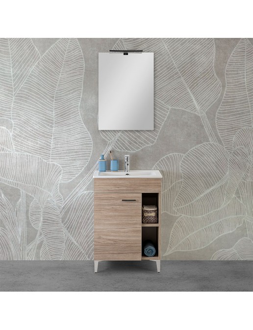 Mobile Bagno A Terra 60 Cm Rovere Tropea Con 1 Anta Lavabo E Specchio