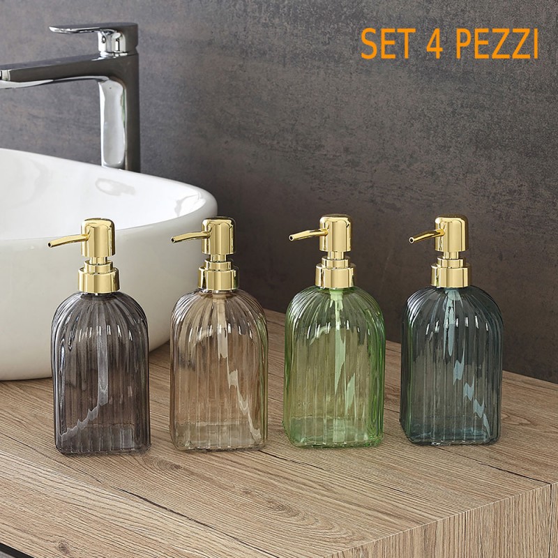 Set 4 Dispenser Sapone Liquido Diverse Colorazioni In Vetro