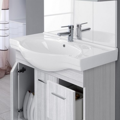 Mobile Bagno in Legno Grigio L. 82.5 cm 2 Ante,  2 Cassetti e Specchiera con Pensile e Luci Inbagno - 6