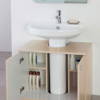 Copricolonna lavabo bagno 70 cm in color larice con 2 ante e piedini in abs cromo