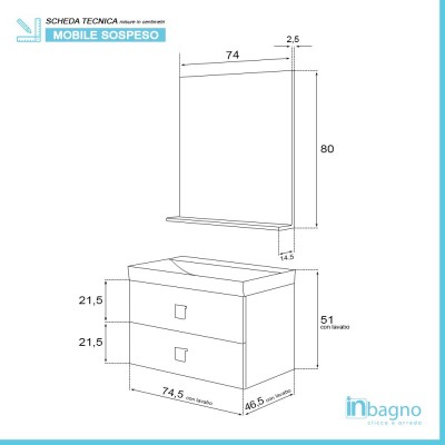 Mobile Bagno Sospeso 2 Cassettoni chiusura Rallenty Rovere Scuro 75x51 cm Feridras - 3