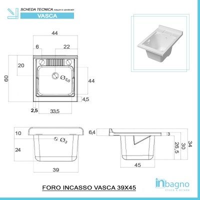 Scheda Tecnica Vasca Lavatoio in Resina Capiente 45x60 cm colore Bianco