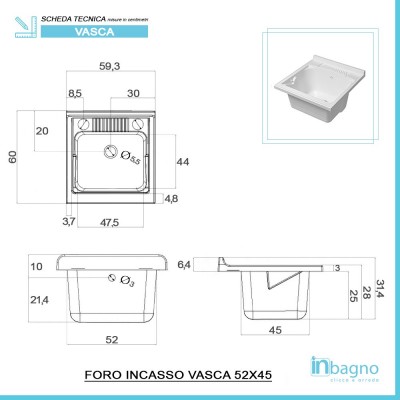 scheda tecnica Vasca Capiente per Lavatoio 60x60 cm in Resina colore Bianco