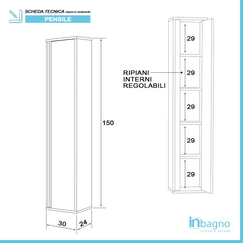 Colonna Bagno Bh Pensile 3 Vani con Anta 100X20 Bianco - Iperceramica