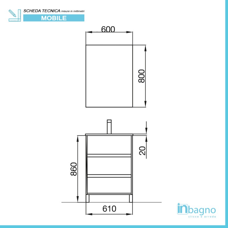 Mobile bagno 60 cm bianco lucido 3 cassettoni lavabo e specchio Saxsi