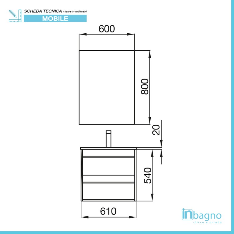 Mobile bagno 60cm Nilo rovere corteccia 2 cassetti lavabo specchio