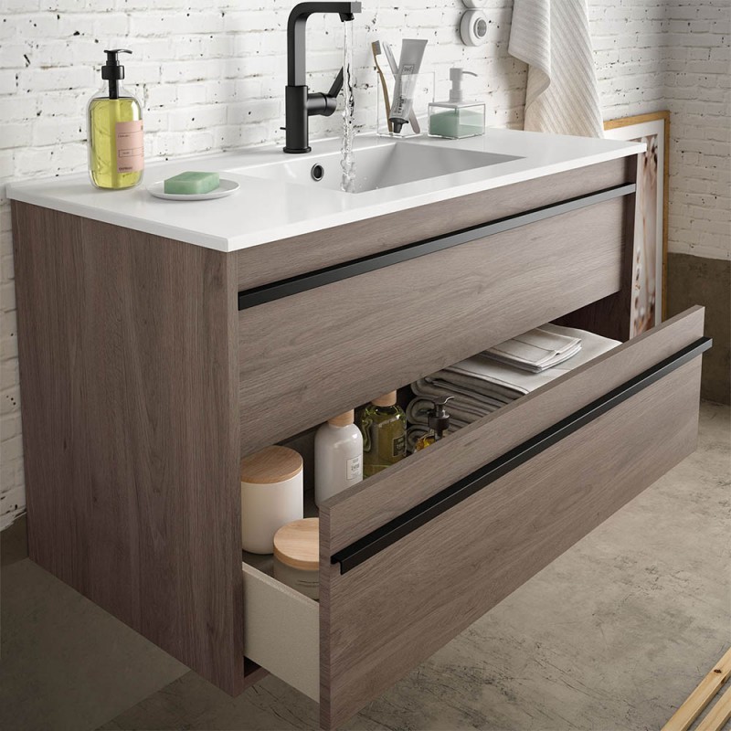 Mobile bagno da 80 cm Nilo rovere corteccia con doppio cassetto lavabo e  specchio