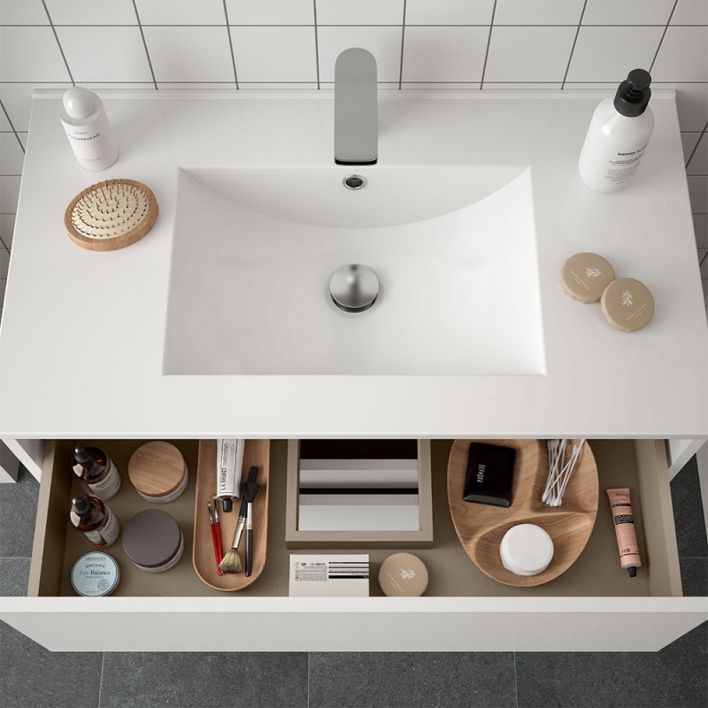 Mobile bagno sospeso 80 cm cemento/rovere con 1 cassetto e vano a giorno