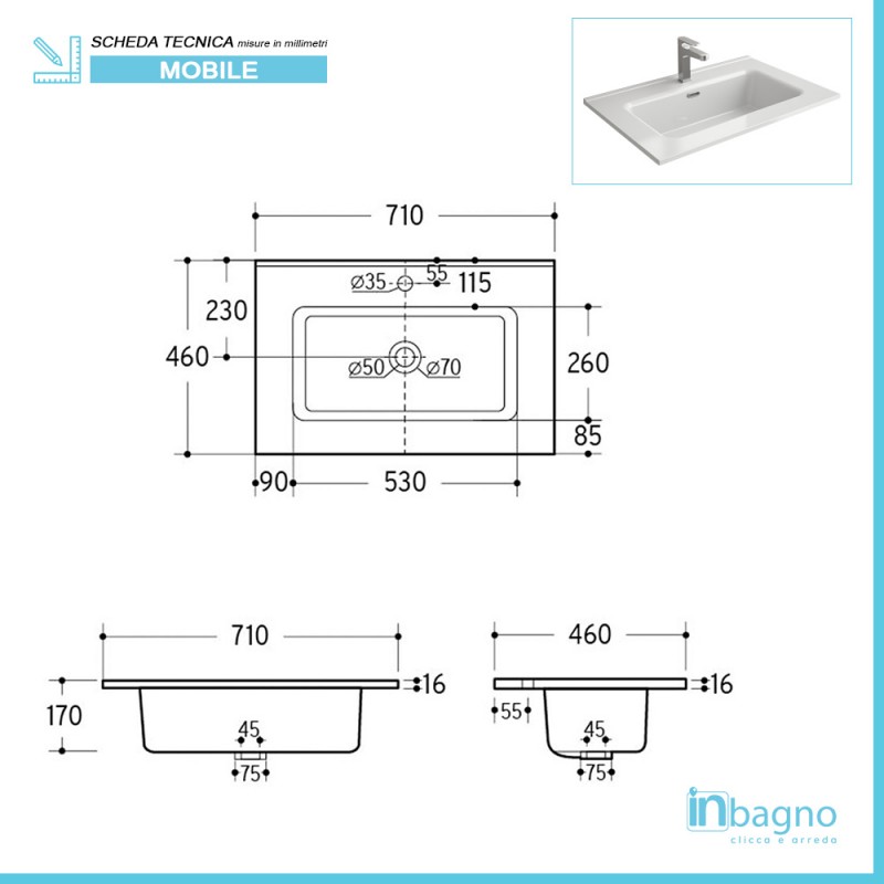 Lavabo in ceramica con set di scarico Lavabo da appoggio 460 x 260 mm