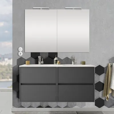 Mobile bagno bianco lucido sospeso moderno 100 cm con specchiera applique  LED cassettoni soft close e colonna, Arcshop