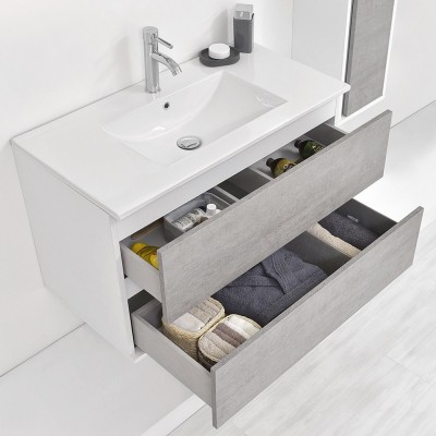 Mobiletto bagno sospeso 90 cm Duble grigio industrial completo di lavabo e specchio