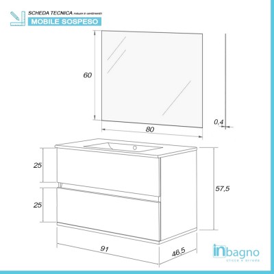 Scheda tecnica mobile bagno sospeso 90 cm Duble grigio industrial completo di lavabo e specchio