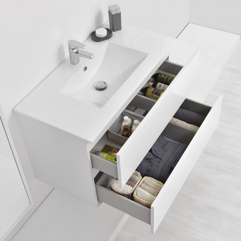 Mobile bagno sospeso 90 cm Duble bianco lucido con lavabo e specchio