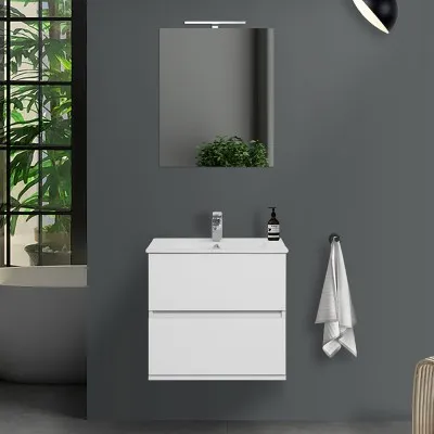 Mobile bagno sospeso 60 cm Duble bianco lucido con lavabo e specchio