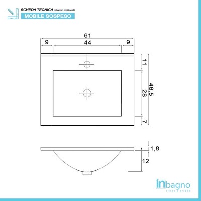 Scheda tecnica lavandino in ceramica bianca lucida della composizione bagno sospesa Duble da 60 cm