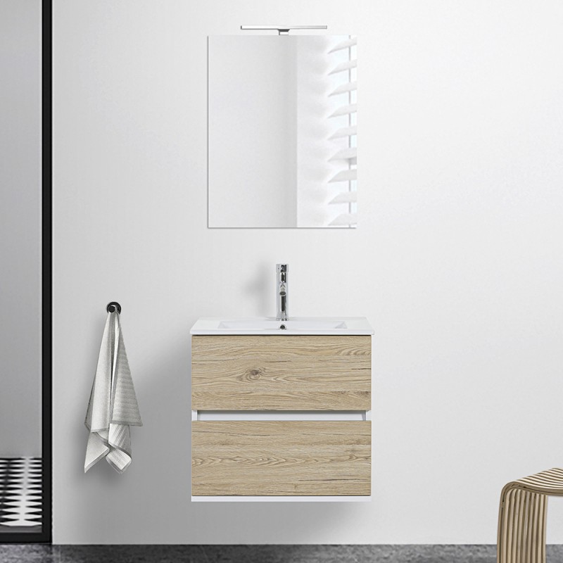 Mobile bagno sospeso 60 cm Duble rovere africa con lavabo e specchio