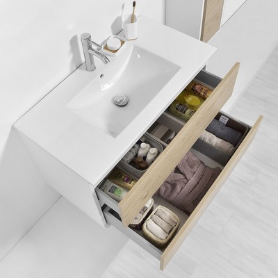 Mobiletto bagno sospeso 90 cm Duble rovere africa completo di lavabo e specchio