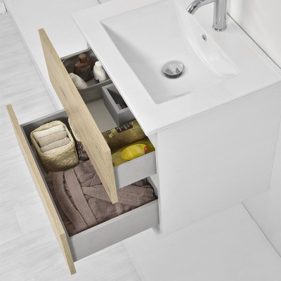 Mobiletto bagno salvaspazio Duble 60 cm rovere africa completo di ceramica e specchio