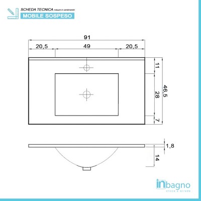 Scheda tecnica lavandino in ceramica bianca lucida del mobile bagno sospeso Duble da 90 cm