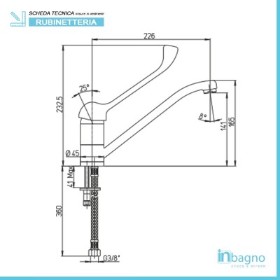 Scheda tecnica miscelatore lavello Piralla serie Nuvola in ottone cromato con leva clinica e bocca orientabile a 360°