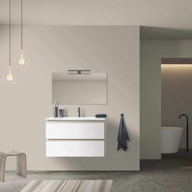 Mobile sospeso 100 cm Master bianco opaco 2 cassetti specchio e lavabo