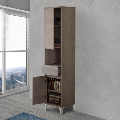 Colonna bagno portasciugamani da terra L. 40 cm in rovere scuro linea Way 2 ante e 1 cassetto con vano a giorno