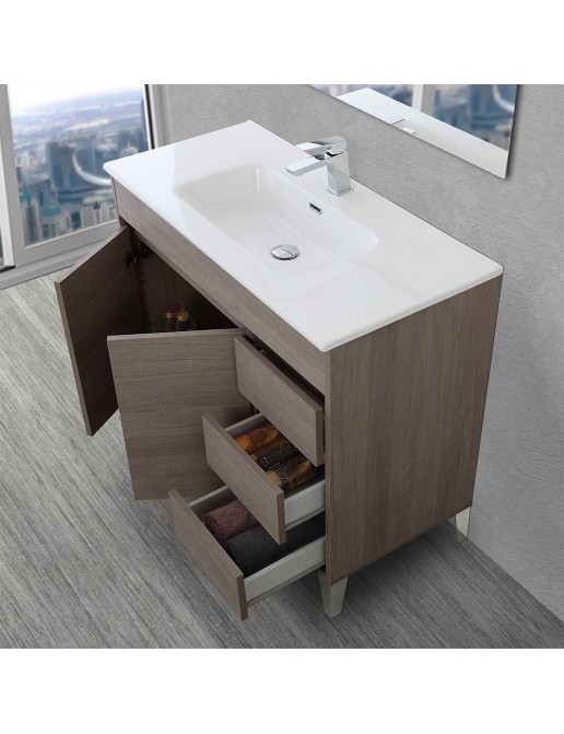 Mobile Bagno Da Terra Cm Linea Way Rovere Scuro Specchio E Lavabo