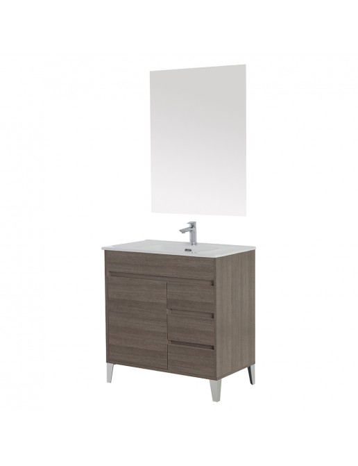 Mobile Bagno Da Terra Cm Linea Way Rovere Scuro Specchio E Lavabo