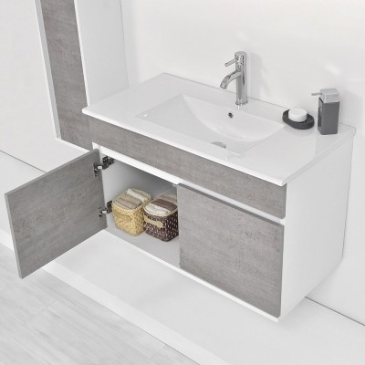 Mobiletto bagno sospeso Duble da 90 cm grigio industrial con 2 ante a chiusura rallentata completo di ceramica e specchiera