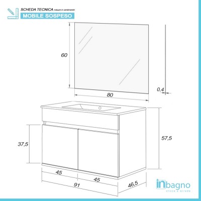 Scheda tecnica mobile bagno sospeso 90 cm linea Duble grigio industrial con lavabo e specchio