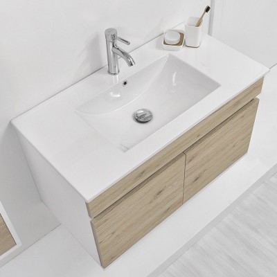 Mobiletto bagno sospeso Duble da 90 cm rovere africa con 2 ante a chiusura rallentata completo di ceramica e specchiera