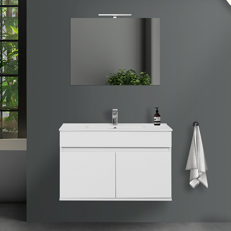 Composizione bagno sospesa 90 cm Duble bianco lucido con top e specchio