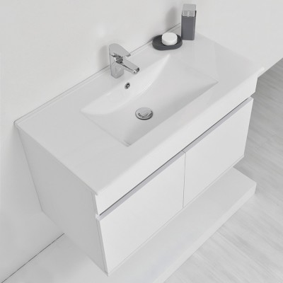 Mobiletto bagno sospeso Duble da 90 cm bianco lucido con 2 ante a chiusura rallentata completo di ceramica e specchiera