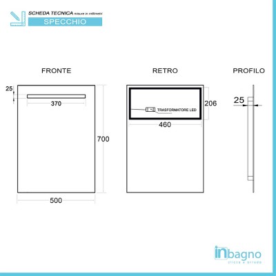 Scheda tecnica specchio bagno 50x70cm con fascia LED superiore