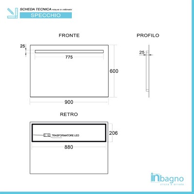 Scheda tecnica specchio bagno 90x60cm con fascia LED superiore