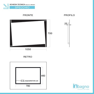 Scheda tecnica specchio bagno LED 105x70cm reversibile con fasce luminose