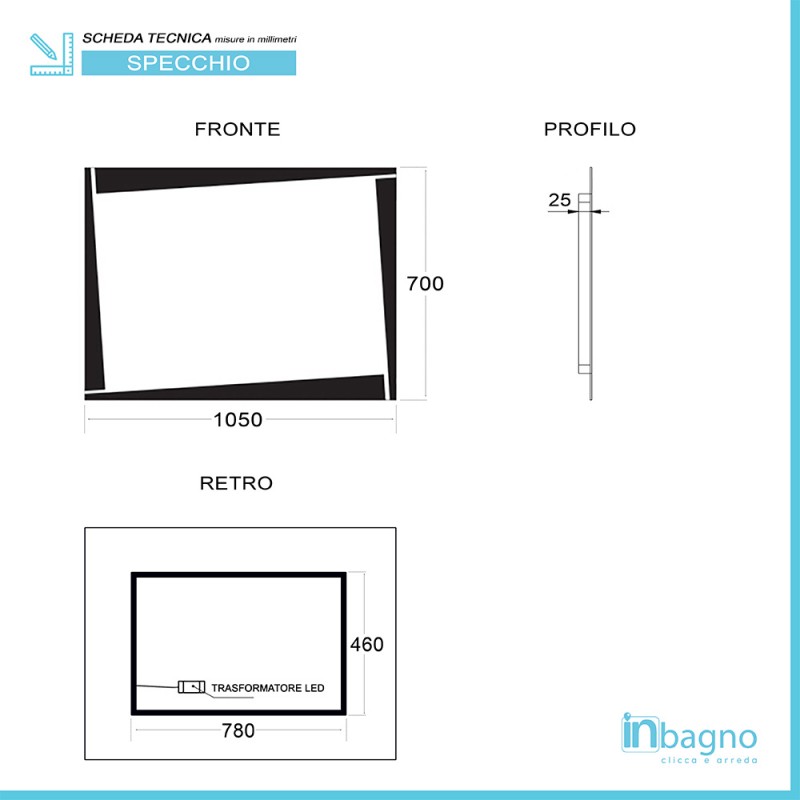 Specchio bagno retroilluminato LED 105x70 cm con fasce disegnate