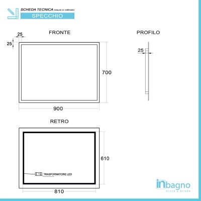 Scheda tecnica specchiera per bagno 90x70 cm reversibile completa di cornice luminosa a LED