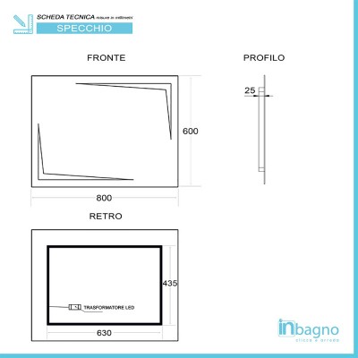 Scheda tecnica specchio bagno con luci LED 80x60cm installazione reversibile