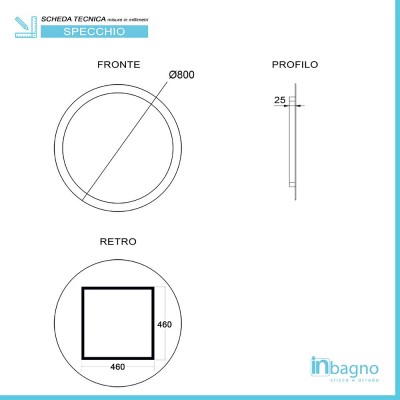 Disegno Tecnico Specchiera bagno tondo con telaio Diametro 80cm