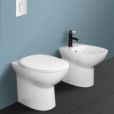 Coppia sanitari filomuro Morning WC rimless + bidet + copriwc rallenty