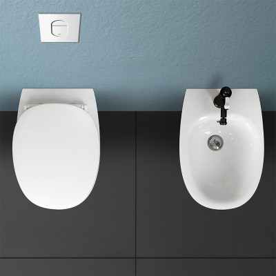 Coppia sanitari filo parete Morning con Vaso rimless, bidet e copriwater con chiusura slow motion