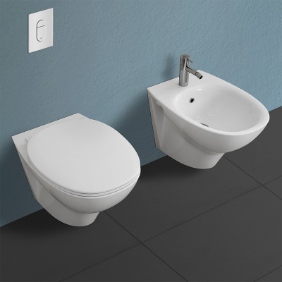 Coppia sanitari sospesi linea Morning con vaso rimless a chiusura rallentata e bidet