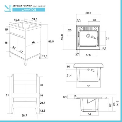 Scheda tecnica mobile lavatoio 60x50 cm linea Way bianco lucido con vasca, asse e kit di scarico