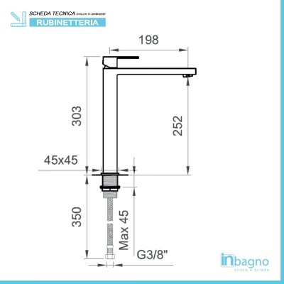 Scheda tecnica miscelatore lavabo alto in ottone cromato serie Italia