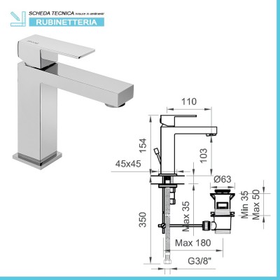 Scheda tecnica rubinetto lavabo in ottone cromato serie Italia