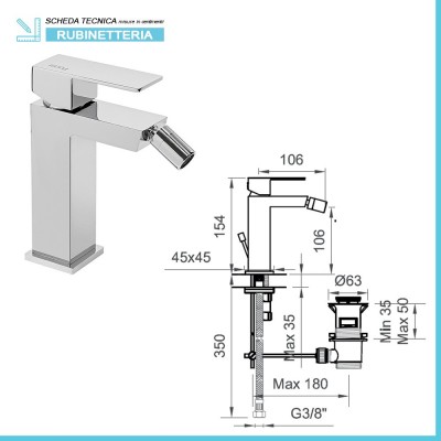 Scheda tecnica miscelatore bidet con testa girevole in ottone cromo serie Italia