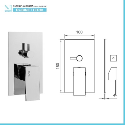 Caratteristiche tecniche rubinetto doccia a muro a 3 vie con deviatore in ottone cromato serie Italia